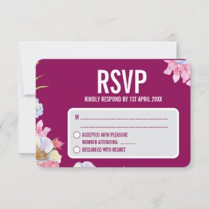 Blue Pink Watercolor Flowers Wedding  RSVP Card
