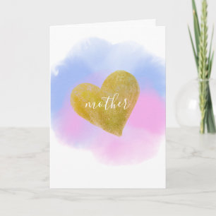 Blue Pink Watercolor Gold Heart Mother Mum Card