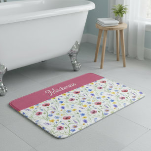 Blue Pink Watercolor Wildflower Monogram Bath Mat