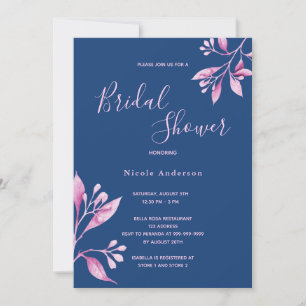 Blue pink watercolored floral fall bridal shower invitation