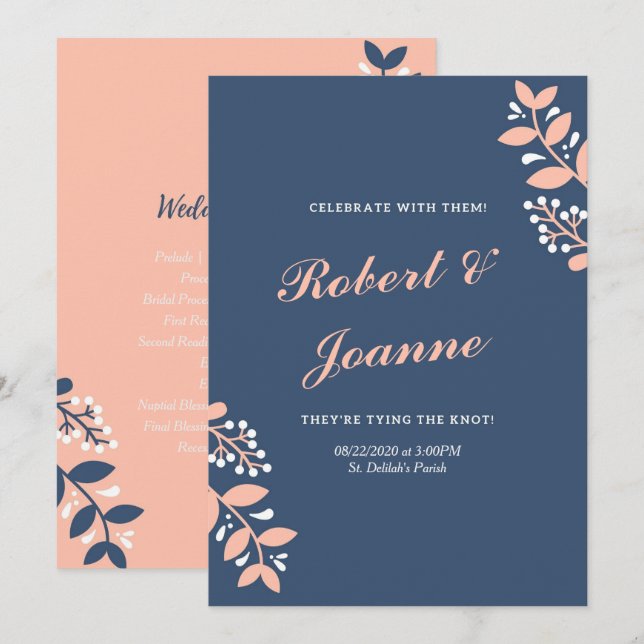 Blue Pink Wedding Program Invitation (Front/Back)