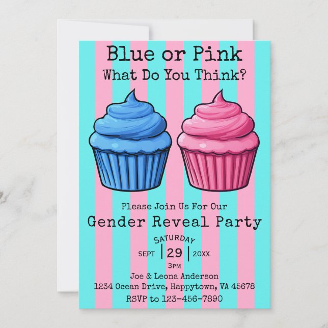 Blue Pink, What Do You Think Cupcake Gender Reveal Invitation (Front)