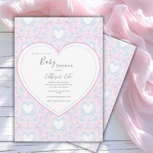 Blue Pink Whimsical Heart Baby Shower  Invitation
