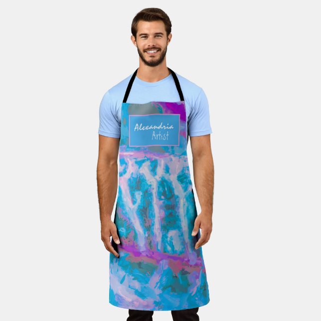 Blue Pink White Abstract Watercolor Personalise Apron (Worn)