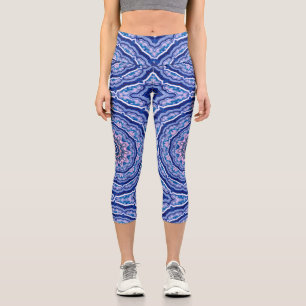Blue Pink White Agate Boho Mandala Pattern Capri Leggings