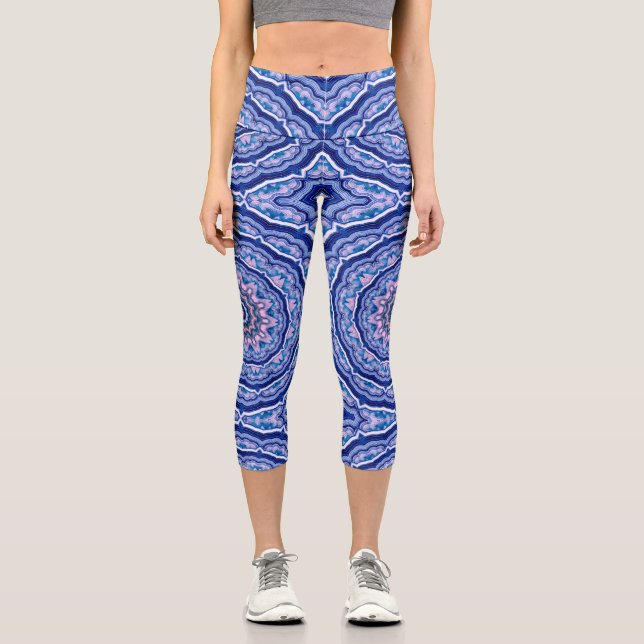 Blue Pink White Agate Boho Mandala Pattern Capri Leggings (Front)