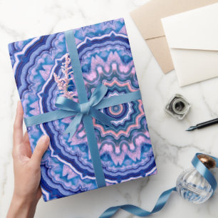 Blue Pink White Agate Boho Mandala Pattern Wrapping Paper