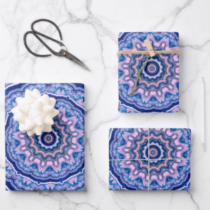Blue Pink White Agate Boho Mandala Pattern Wrapping Paper Sheet