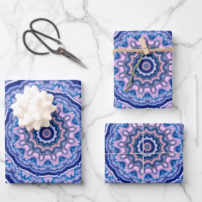 Blue Pink White Agate Boho Mandala Pattern Wrapping Paper Sheet (Front)