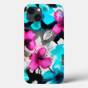 Blue Pink White Black Watercolor Flowers  iPhone 13 Case