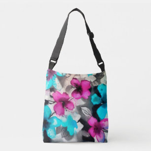 Blue Pink White Black Watercolor Flowers Crossbody Bag