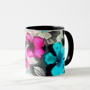 Blue Pink White Black Watercolor Flowers Mug