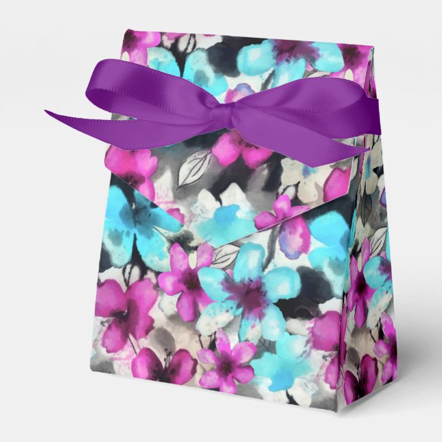 Blue Pink White Black Watercolor Flowers Pattern Favour Box (Front Side)
