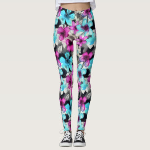 Blue Pink White Black Watercolor Flowers Pattern Leggings