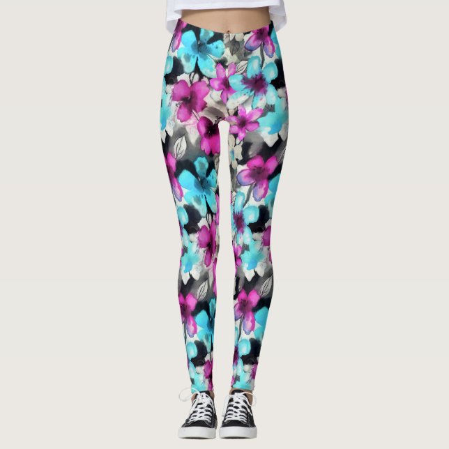 Blue Pink White Black Watercolor Flowers Pattern Leggings (Front)