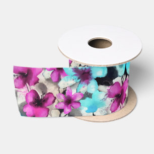 Blue Pink White Black Watercolor Flowers Pattern Satin Ribbon