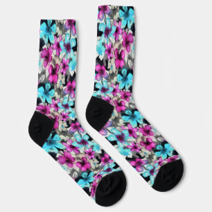Blue Pink White Black Watercolor Flowers Pattern Socks