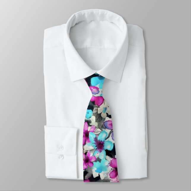 Blue Pink White Black Watercolor Flowers Pattern Tie (Tied)