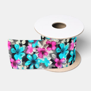 Blue Pink White Black Watercolor Flowers Satin Ribbon