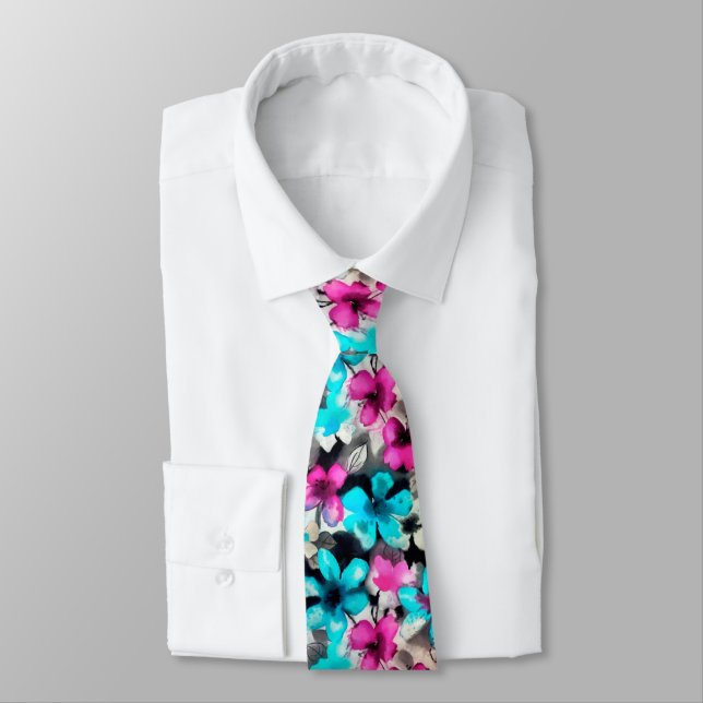 Blue Pink White Black Watercolor Flowers  Tie (Tied)