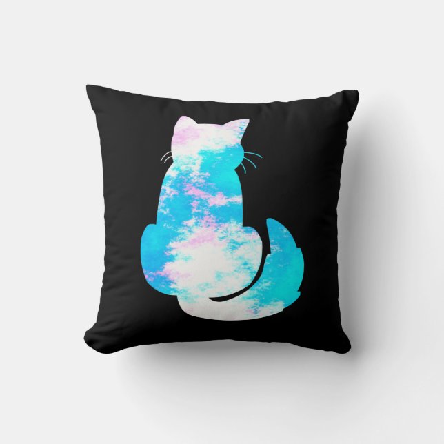 Blue Pink White Cat Back Turned Abstract Cushion (Front)