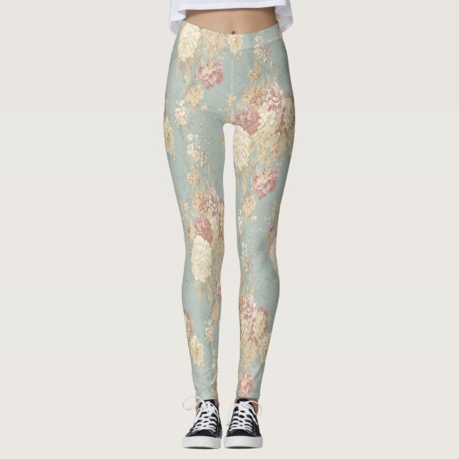 Blue Pink White Floral Flowers Shabby Chic Leggings (Front)