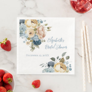Blue Pink White Floral Watercolor Bridal Shower   Napkin