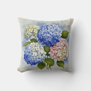 Blue Pink White Hydrangea Flower Pillow