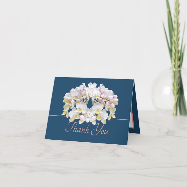 Blue Pink White Orchids Chic Bouquet Thank You Card (Front)