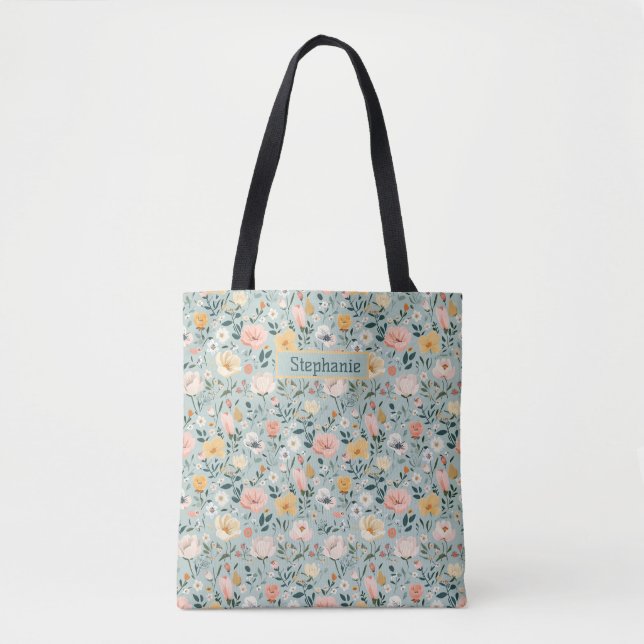 Blue Pink White Peach Floral Flowers Bridesmaid  Tote Bag (Front)