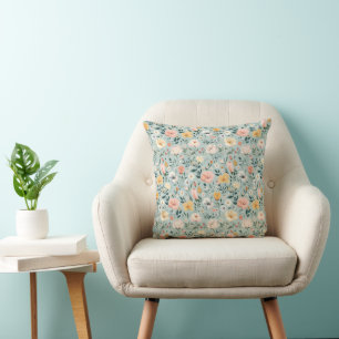 Blue Pink White Peach Floral Flowers Cushion