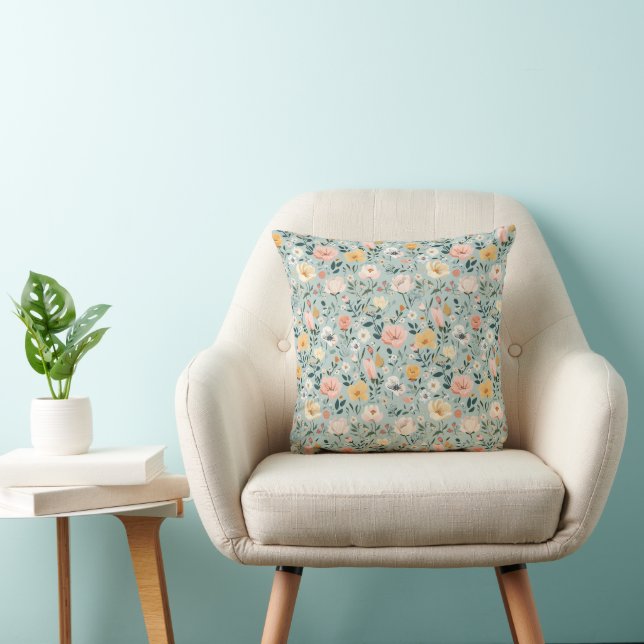 Blue Pink White Peach Floral Flowers Cushion (Chair)
