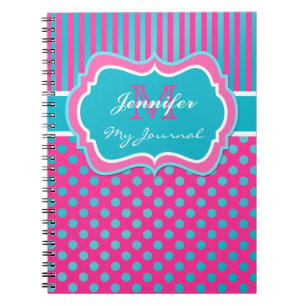 Blue Pink White Polka Dot Striped Journal Notebook