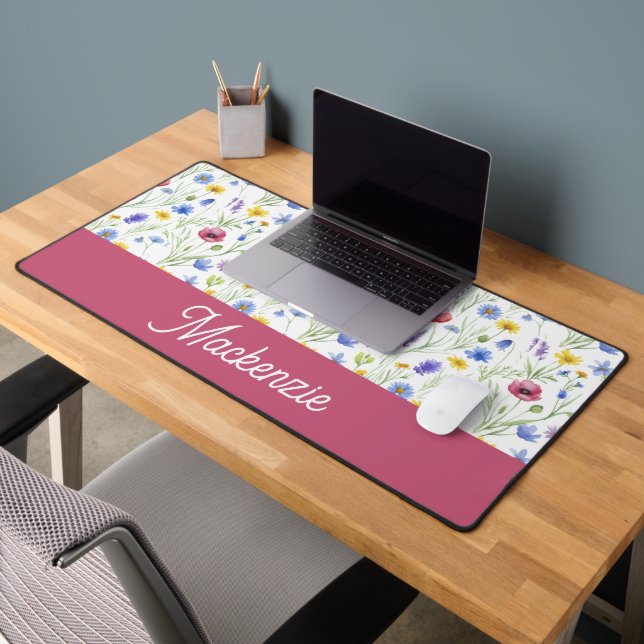 Blue Pink Wildflower Botanical Custom Name  Desk Mat (Office 2)