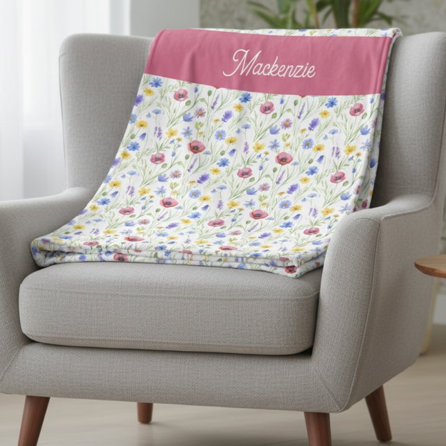 Blue Pink Wildflower Botanical Custom Name  Fleece Blanket (Creator Uploaded)