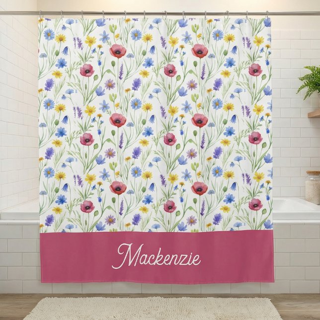 Blue Pink Wildflower Botanical Custom Name  Shower Curtain (Creator Uploaded)