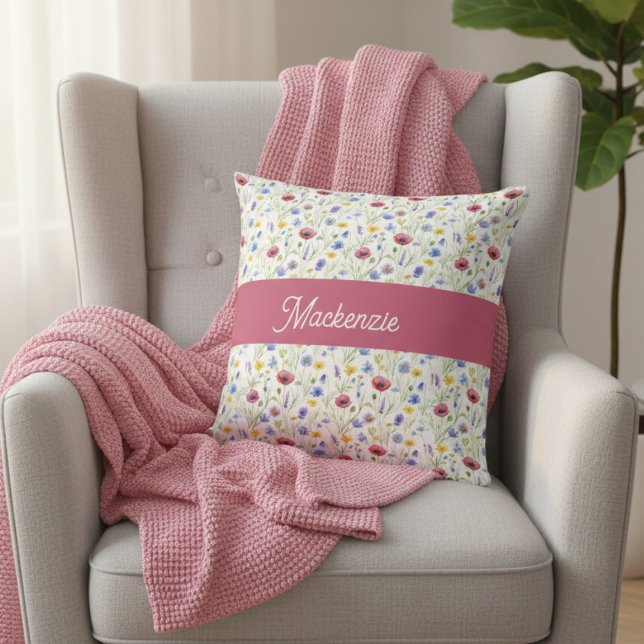 Blue Pink Wildflower Botanical Monogram Name Cushion (Creator Uploaded)
