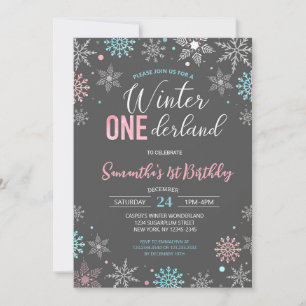 Blue Pink Winter Onederland Snowflake 1st Birthday Invitation