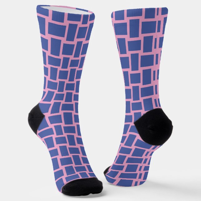 Blue Pink Woven Blocks Pattern Socks (Angled)