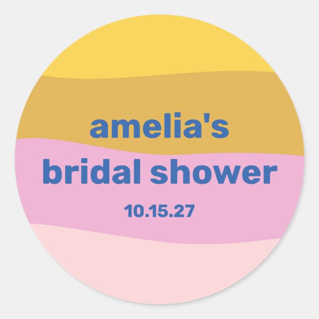 Blue Pink Yellow Cute Playful Custom Bridal Shower Classic Round Sticker (Front)