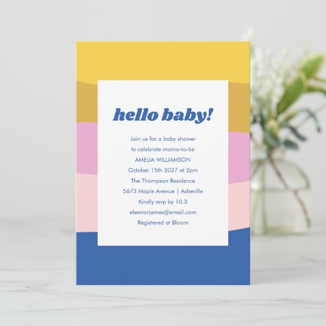 Blue Pink Yellow Cute Playful Retro Baby Shower Invitation (Standing Front)