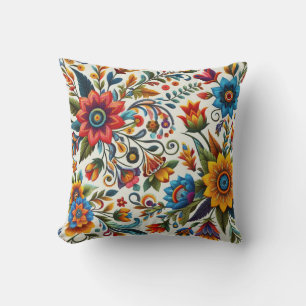 Blue Pink Yellow Embroidery Style Flowers Floral Cushion