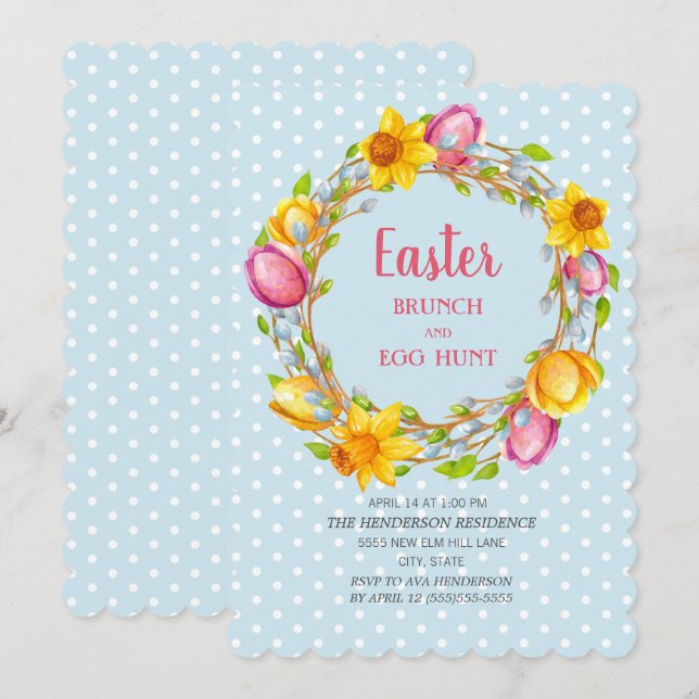 Blue Pink Yellow Floral Easter Brunch Egg Hunt Invitation (Front/Back)