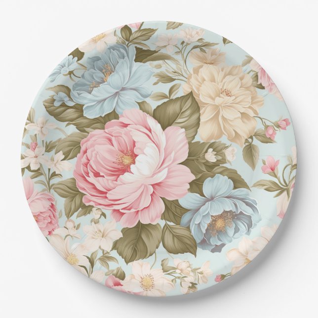 Blue Pink Yellow Floral Paper Plate (Front)