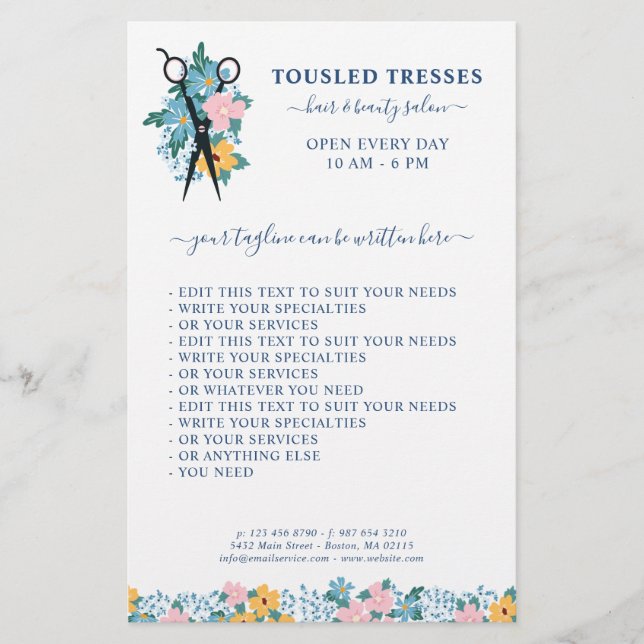 Blue Pink Yellow Floral Scissors Hair Salon Flyer (Front)