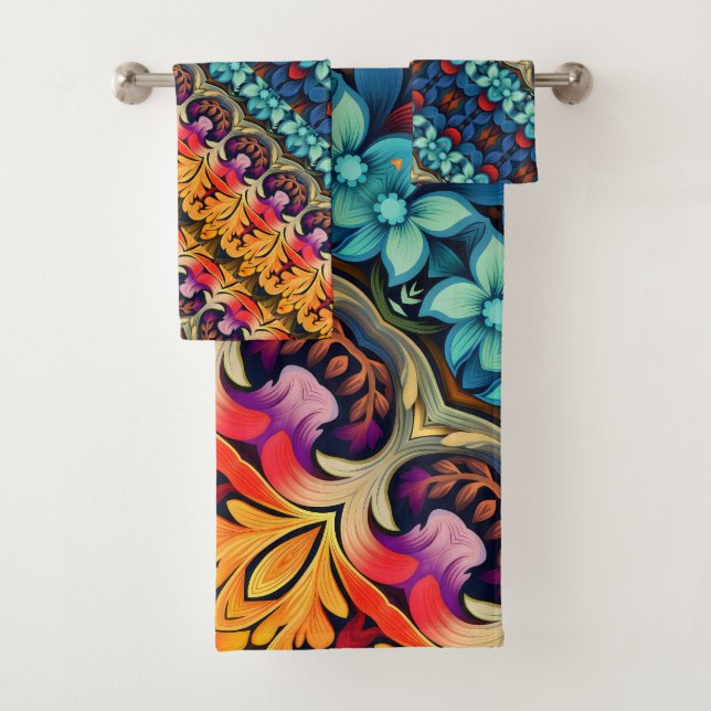 blue pink yellow Flowers Bath Towel Set (Insitu)