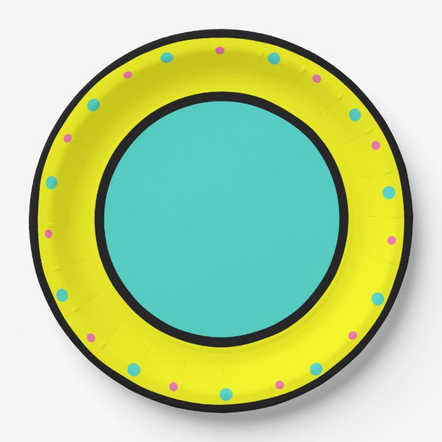 Blue Pink Yellow Geometric Polka Dots Paper Plate (Front)