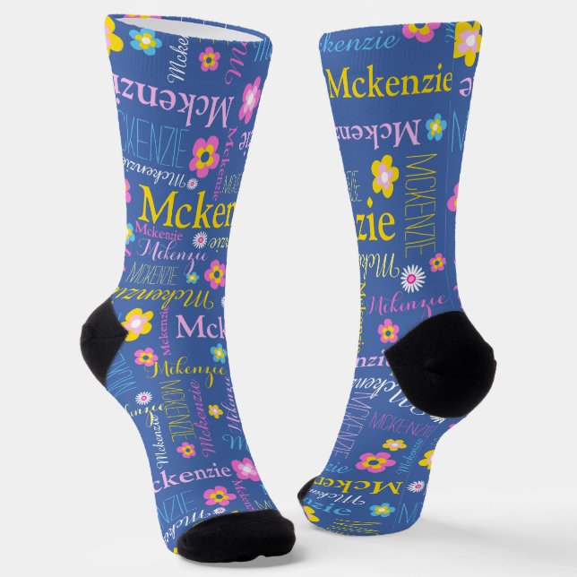 Blue pink yellow girls McKenzie name Socks (Angled)