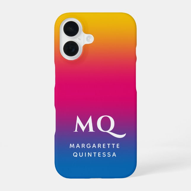 Blue Pink Yellow Gradient White Monogram Initials iPhone 16 Case (Back)