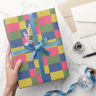Blue Pink Yellow Green Checkerboard Wrapping Paper